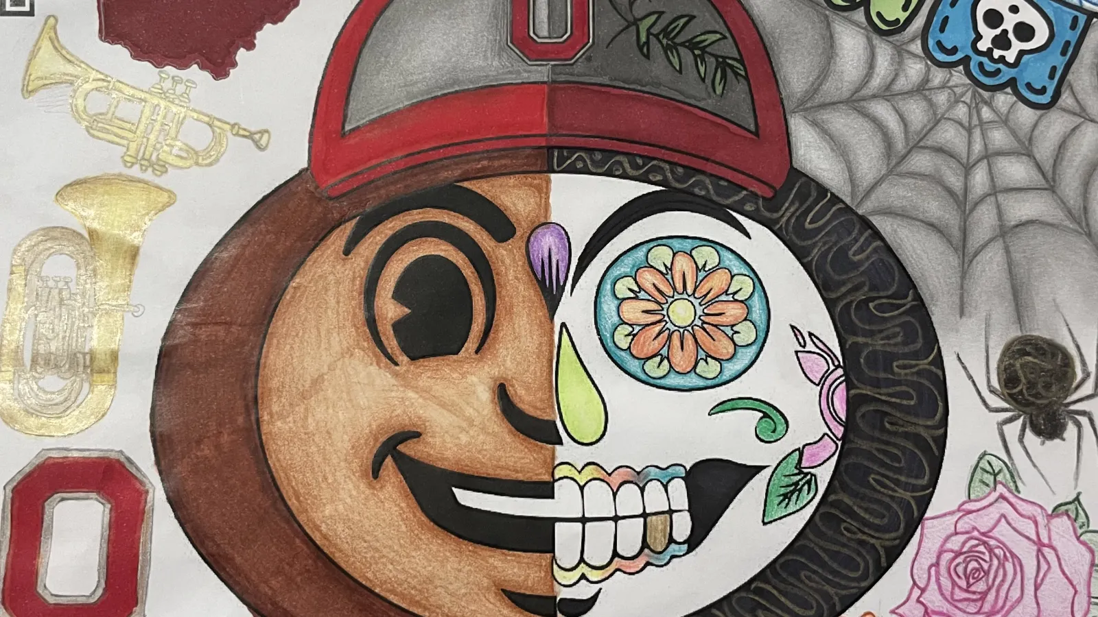 coloring contest submission; half Brutus, half day of the dead imagery