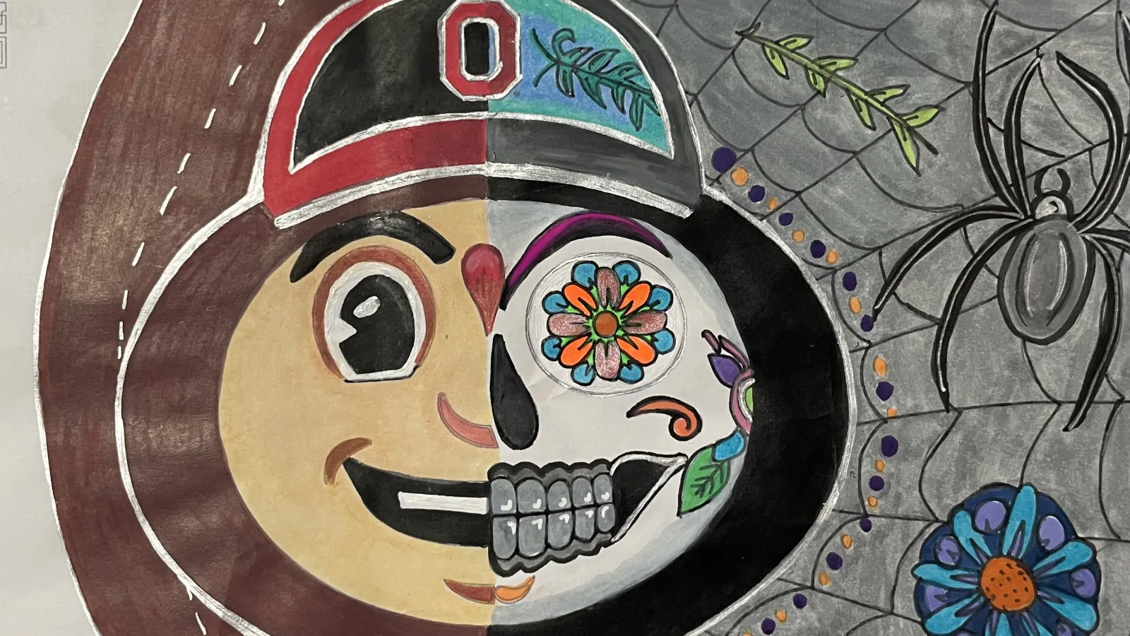 coloring contest submission; half Brutus' face, half day of the dead imagery