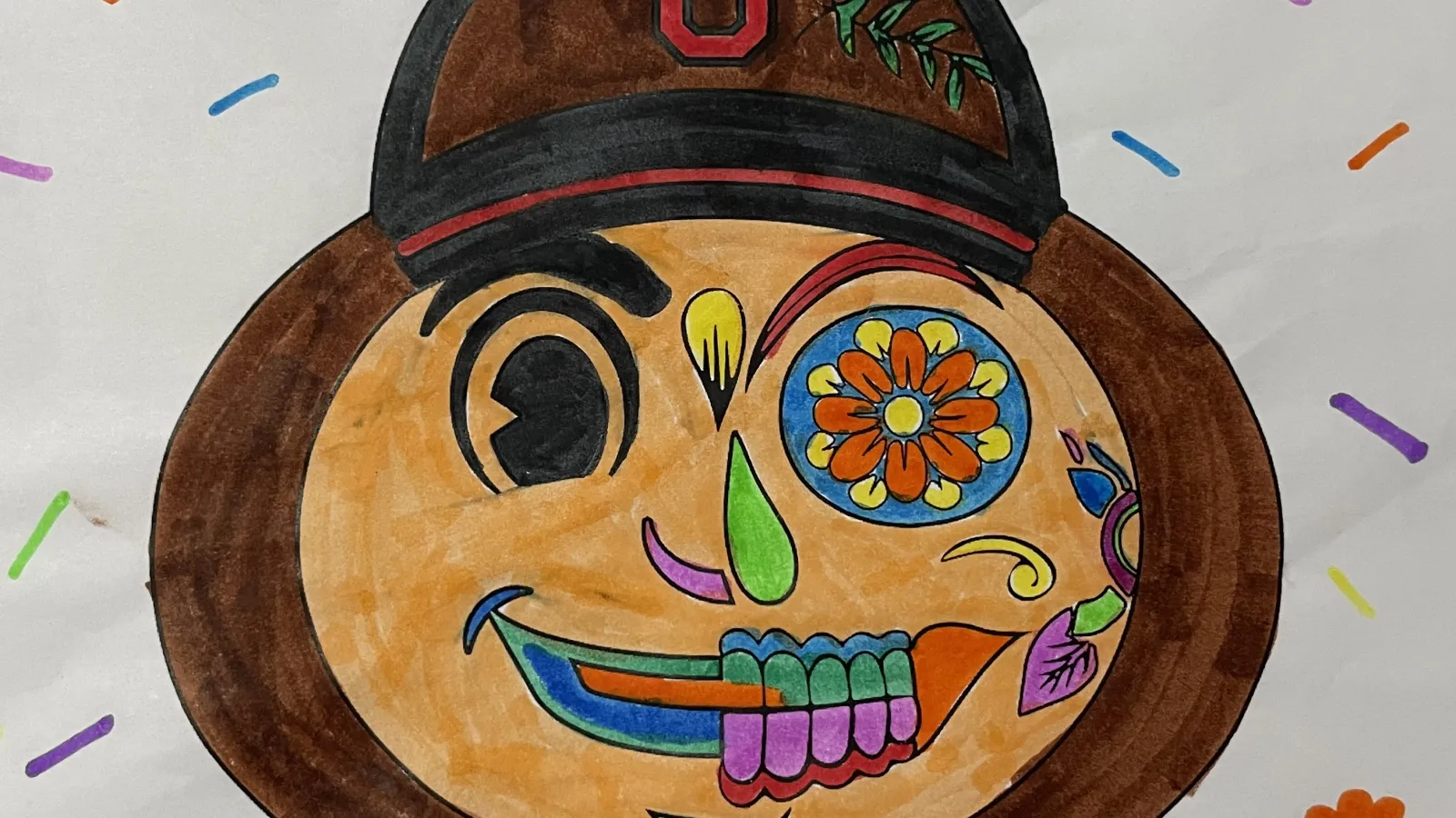 coloring contest submission; half Brutus' face, half day of the dead imagery